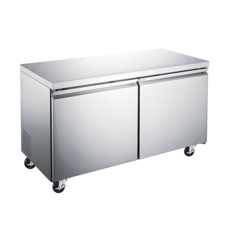 Stainless Steel Undercounter Freezer With Two Doors And Wheels For Easy Mobility In Commercial Kitchens