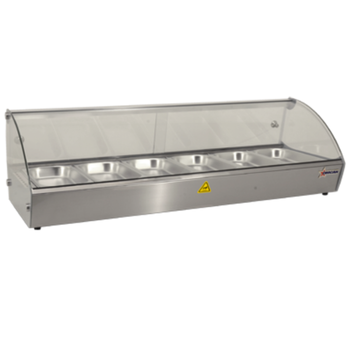 Omcan 43119 44-Inch Heated Countertop Food Display Warmer stainless steel curved glass display case with heated food pans