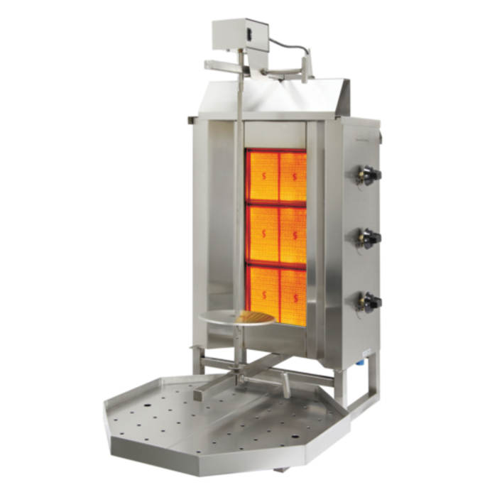 Eurodib VGB3 88 lbs capacity natural gas vertical gyro broiler for cooking gyros, shawarma, and tacos al pastor.