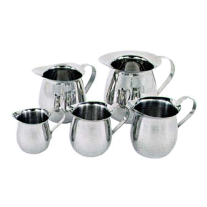 Stainless Steel Bell Creamer Set Featuring Four Sizes With A Shiny Mirror Finish For Professional Beverage Service.