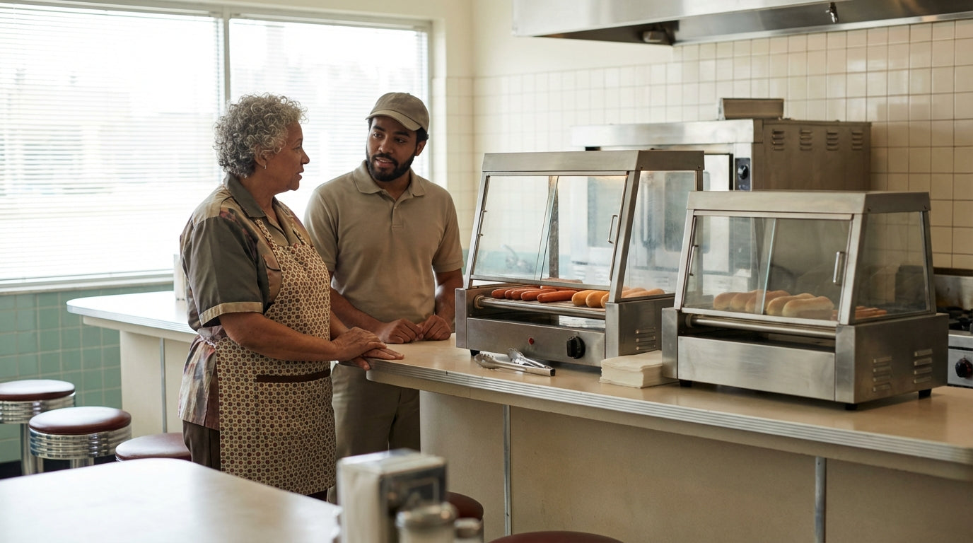Cafeteria staff talking behind counter in commercial kitchen with hot dog warmers and stainless steel equipment