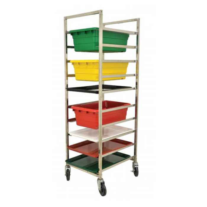 Alt Tag: OMCAN Stainless Steel Universal Knock Down Pan Rack 10 Slides with 10-slide mobile rack holding colored bins on casters