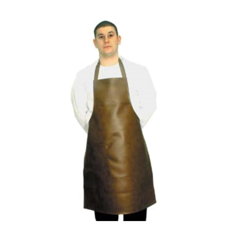 Heavy Naugahyde Bib Apron Worn By Chef In Brown, Providing Durable Protection And Professional Look