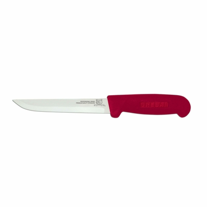 Alt Tag: Omcan 11688 6-Inch Straight Blade Red Polypropylene Handle Boning Knife with stainless steel blade and red handle, side view