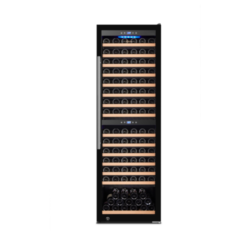 Alt Tag: OMCAN 48258 27 Inch 180 Bottle Dual Zone Wine Cooler Refrigerator with glass door, digital controls, and wooden shelves