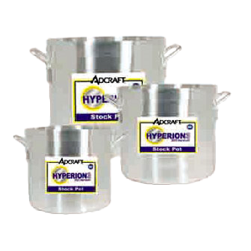 Three Hyperion3 H3-SP32 32 Quart Aluminum Stock Pots NSF for commercial kitchen use.