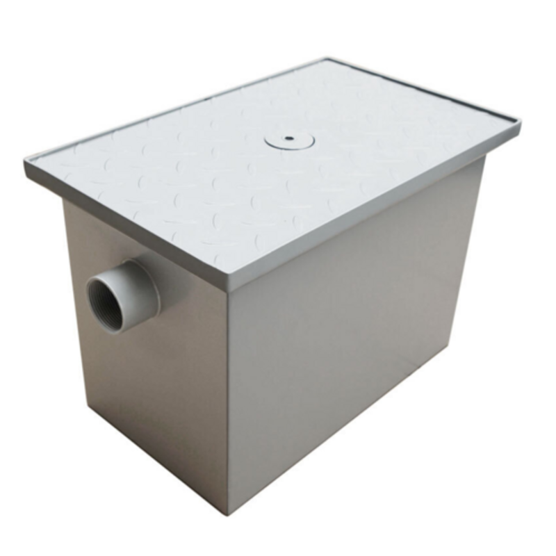 Alt Tag: Omcan 46560 8 lbs. Capacity 4 GPM Steel Floor-Mounted Grease Trap heavy-duty steel grease interceptor with lid and side inlet