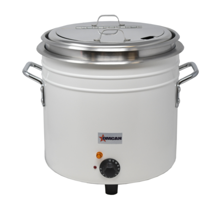 Alt Tag: Omcan 46708 11 Qt. White Ceramic Retro Soup Warmer 11-quart rethermalizer with stainless lid, side handles and temp control dial