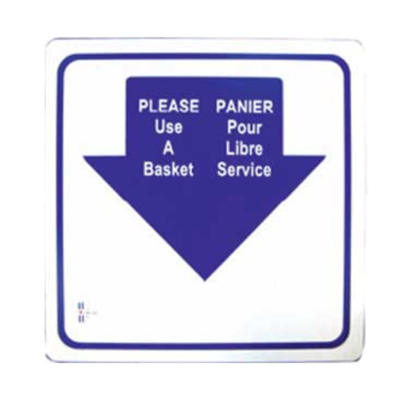 Alt Tag: OMCAN 13042 Bilingual "Please Use a Basket" Sign for Stores blue arrow sign English French “Please Use A Basket”