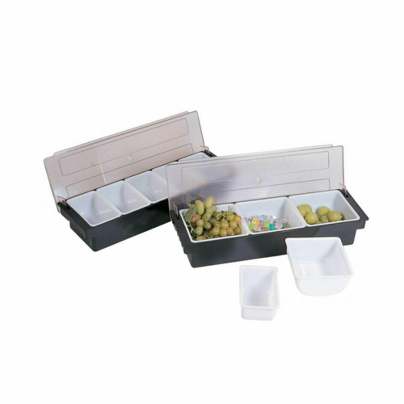 Stainless Steel Bar Condiment Holder With 6 Compartments Showcasing Various Condiments And Toppings