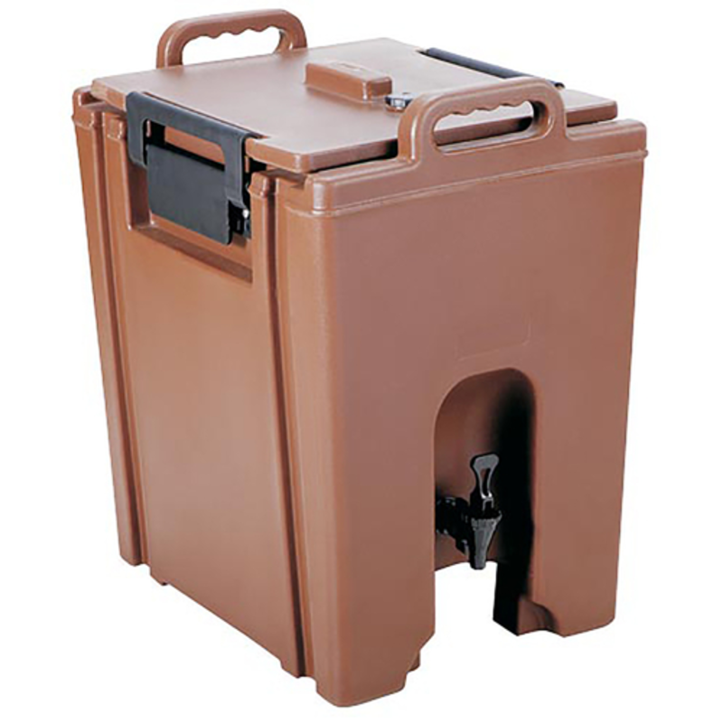 Alt Tag: Omcan 80903 Insulated Beverage Dispenser for Hot or Cold Drinks, 10 L Capacity brown insulated drink dispenser with lid handles