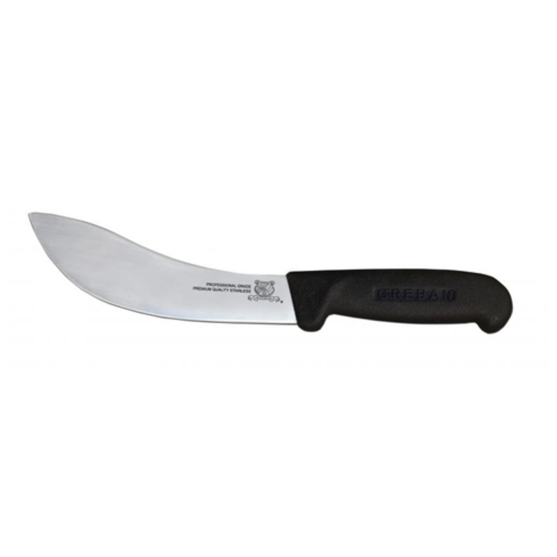 Alt Tag: OMCAN 11863 Professional 6-Inch Blade Skinning Knife Black Handle with curved stainless steel blade and black handle
