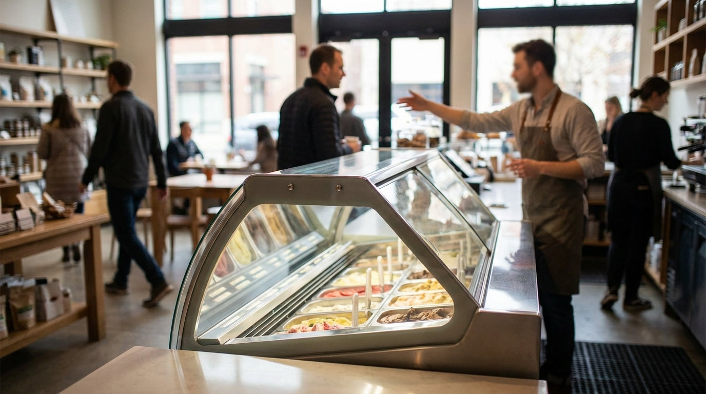Barista in apron serving customers beside gelato display case inside a bright modern cafe