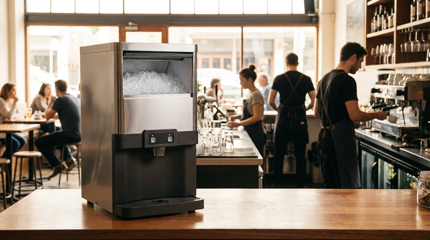 Commercial countertop ice maker in a busy cafe bar with baristas preparing drinks