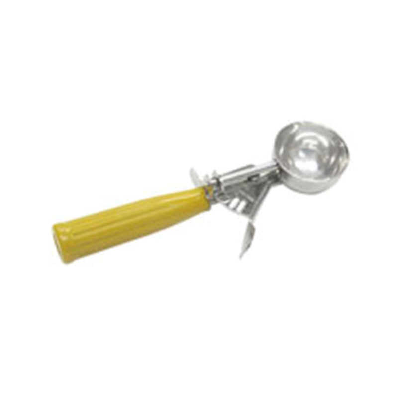 2 oz ice cream disher scoop with a yellow handle and a shiny metal bowl for portioning desserts.