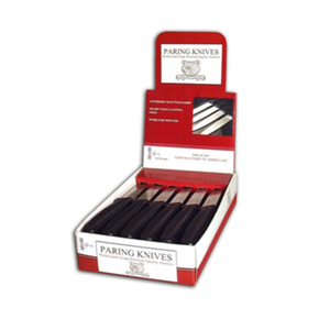 Alt Tag: Omcan 24060 Professional Stainless Steel Paring Knife for Precision Kitchen Tasks display set of paring knives in countertop box