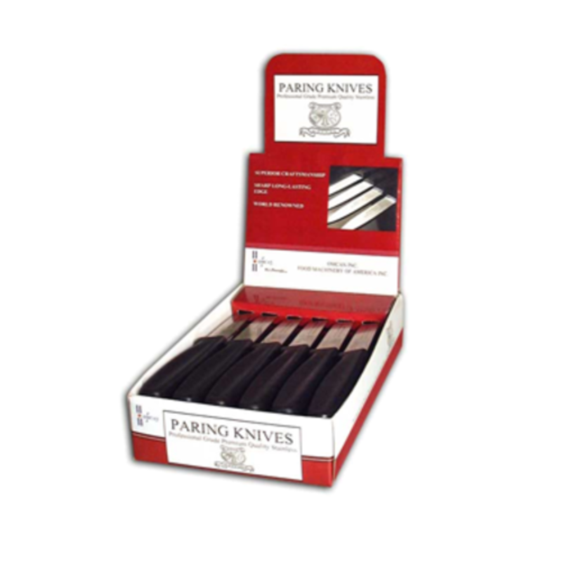 Alt Tag: Omcan 24060 Professional Stainless Steel Paring Knife for Precision Kitchen Tasks display set of paring knives in countertop box