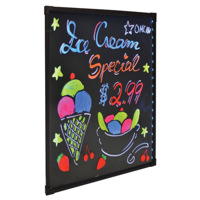 OMCAN 39859 22-Inch LED Tempered Glass Write-On Flash Board with neon ice cream special pricing display for cafes and retail