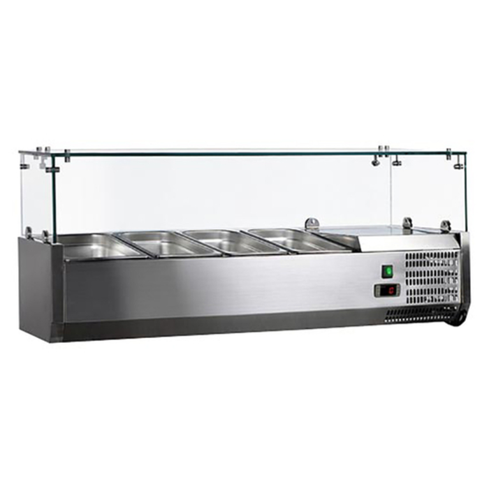 Tag alternatif : Omcan 46679 rail de poêle réfrigérée de 47 pouces avec rail de poêle anti-éternuement en acier inoxydable avec plateaux d’ingrédients