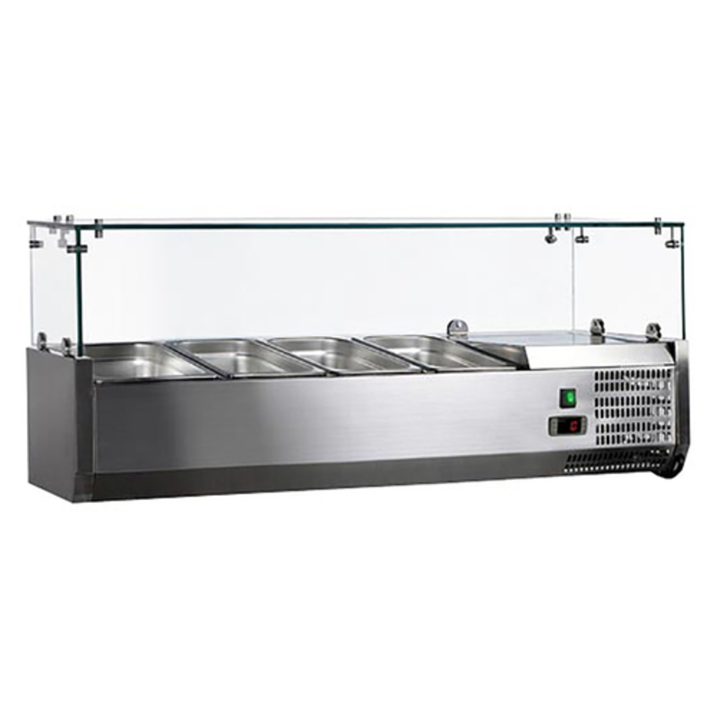 Tag alternatif : Omcan 46679 rail de poêle réfrigérée de 47 pouces avec rail de poêle anti-éternuement en acier inoxydable avec plateaux d’ingrédients