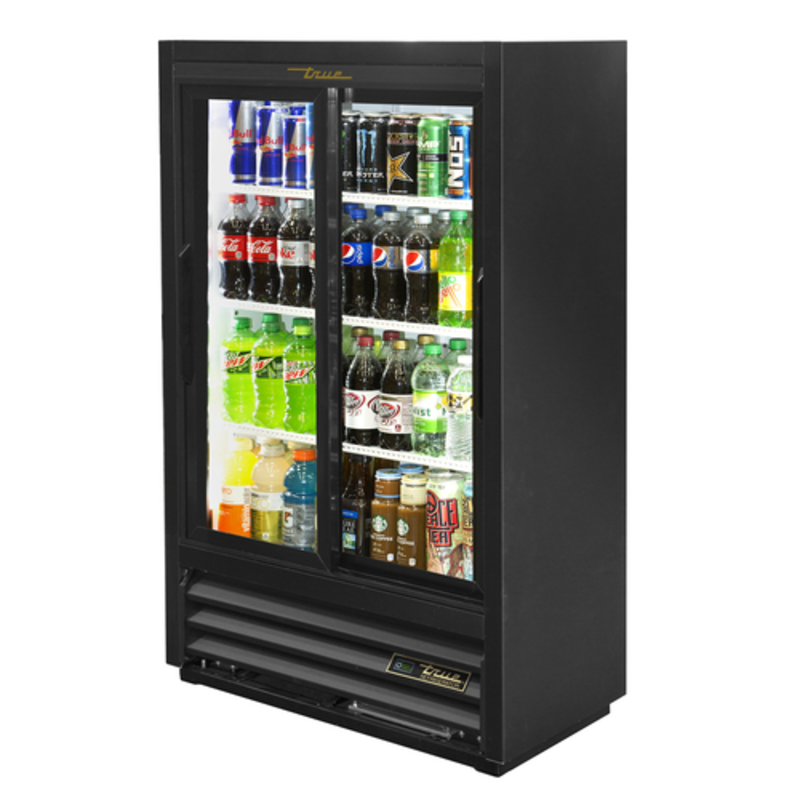 True Manufacturing 36 Inch Lower Height Narrow Depth Glass Door Merchandiser Displaying Various Beverages