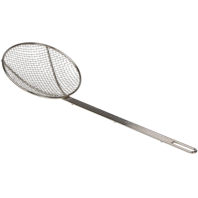 Omcan 80393 Nickel-Plated Fine Mesh Skimmer Designed For Professional Kitchens With 8.5-Inch Diameter.