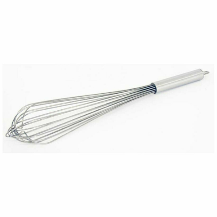 Alt Tag: Omcan 80066 Professional 11-inch Stainless Steel French Whip Whisk with Plastic Handle, commercial kitchen whisk on white background
