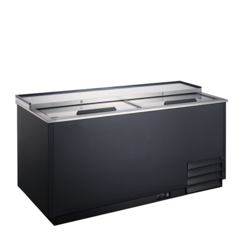 OMCAN 50074 49.5" Two Door Glass Froster Plate Chiller commercial bar undercounter unit with dual sliding lids, black exterior