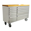 Alt Tag: OMCAN 40463 56-Inch Stainless Steel Mobile Workbench with Wood Top with drawers, wood top, rolling casters for garage workshop storage