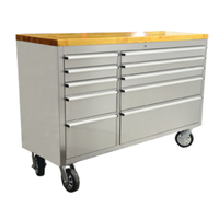 Alt Tag: OMCAN 40463 56-Inch Stainless Steel Mobile Workbench with Wood Top with drawers, wood top, rolling casters for garage workshop storage