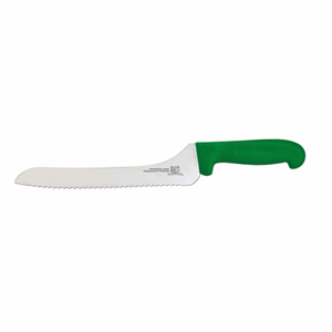 Omcan 12437 9-Inch Blade Off-Set Wave Edge Slicer Knife with green handle and serrated offset blade
