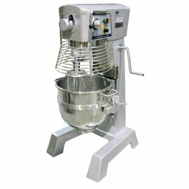 Alt Tag: OMCAN 17836 30-Quart ETL Certified Commercial Planetary Baking Mixer floor model with stainless steel bowl, wire guard and controls