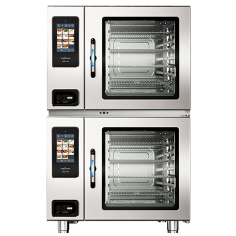 Alto-Shaam STK807189 7-20G Gas Double Stack Combi Oven with dual compartments and touchscreen controls.