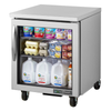True TUC-27G-HC~FGD01 Undercounter Glass Door Refrigerator Filled With Beverages And Eggs.