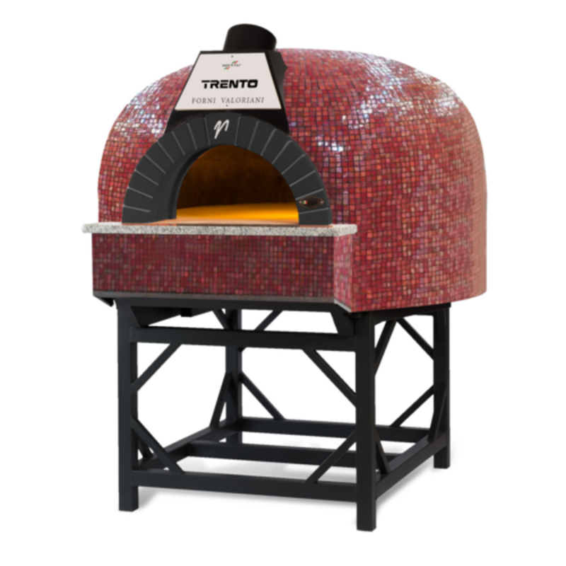 Alt Tag: Valoriani 48127 Igloo 120 Wood & Gas Fired Oven 5-6 Pizza Capacity red mosaic igloo pizza oven on black stand