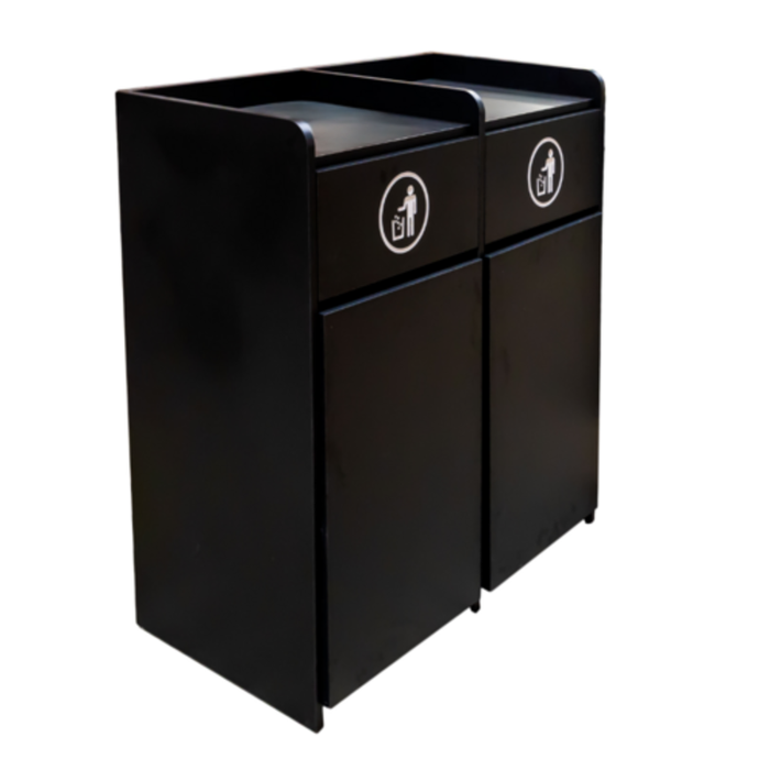 Alt Tag: Omcan 48220 Double Trash Receptacle with 72 Gallon Capacity cabinet-style double commercial waste bin for restaurants offices schools