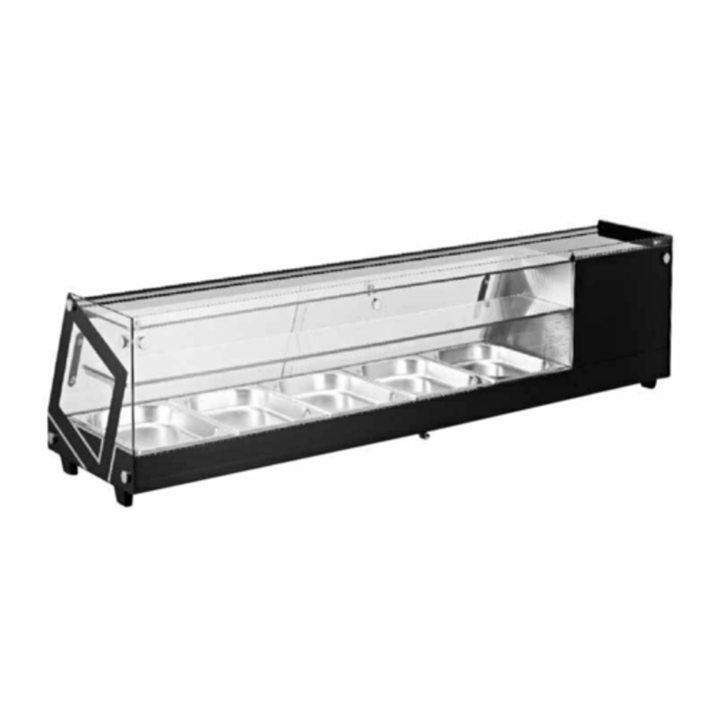 Alt Tag: Omcan 44394 58-inch Refrigerated Sushi Display Case with Flat Glass countertop refrigerated sushi showcase with flat glass