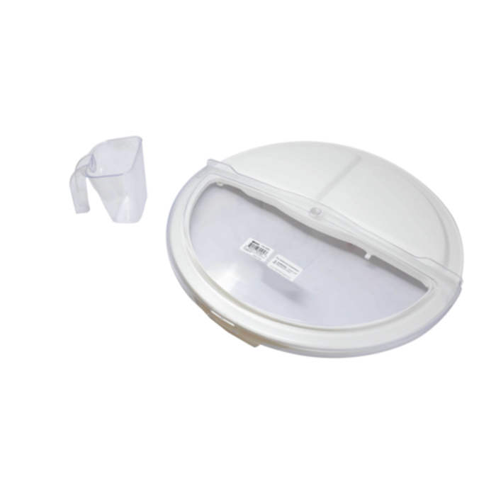 Alt Tag: Omcan 80580 Polycarbonate + Polypropylene Rotating Lid with 20 oz Clear Scoop for 20-gallon Round Ingredient Bin
