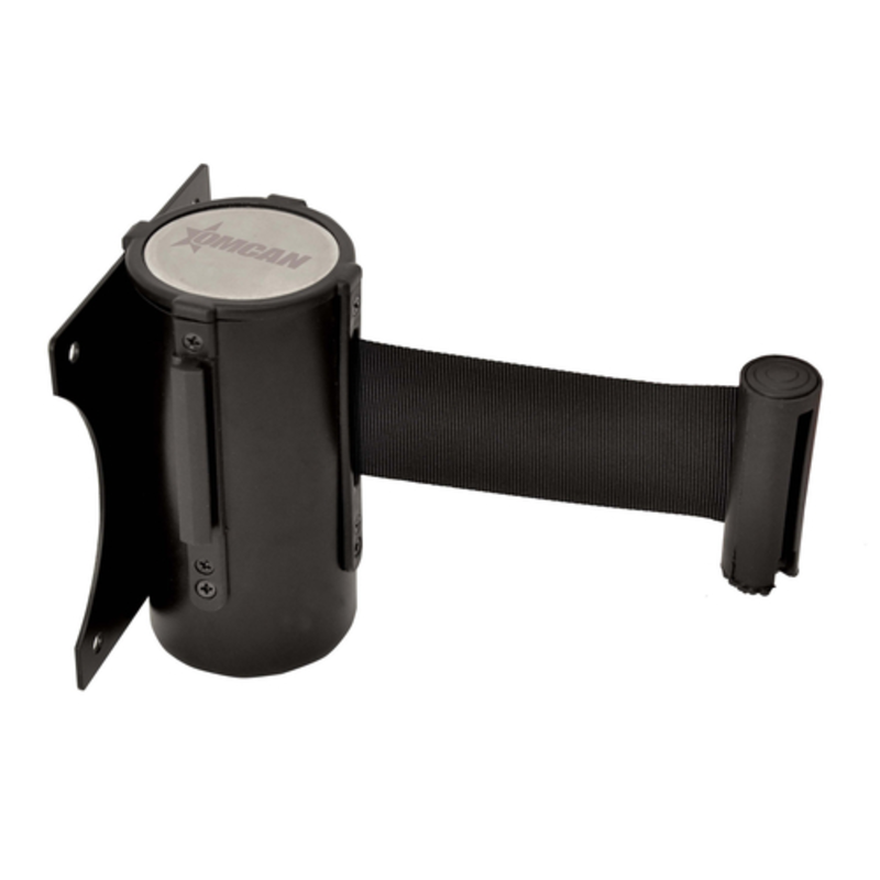 Alt Tag: Omcan 41155 Wall Mount Crowd Control Stanchion with 7 ft. Belt wall-mounted retractable belt barrier for queue control