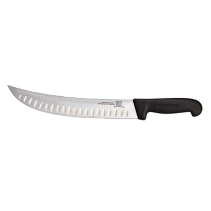 Alt Tag: Omcan 12176 10-Inch Granton Edge Professional Butcher Steak Knife Black, 10-inch curved Granton blade with black handle