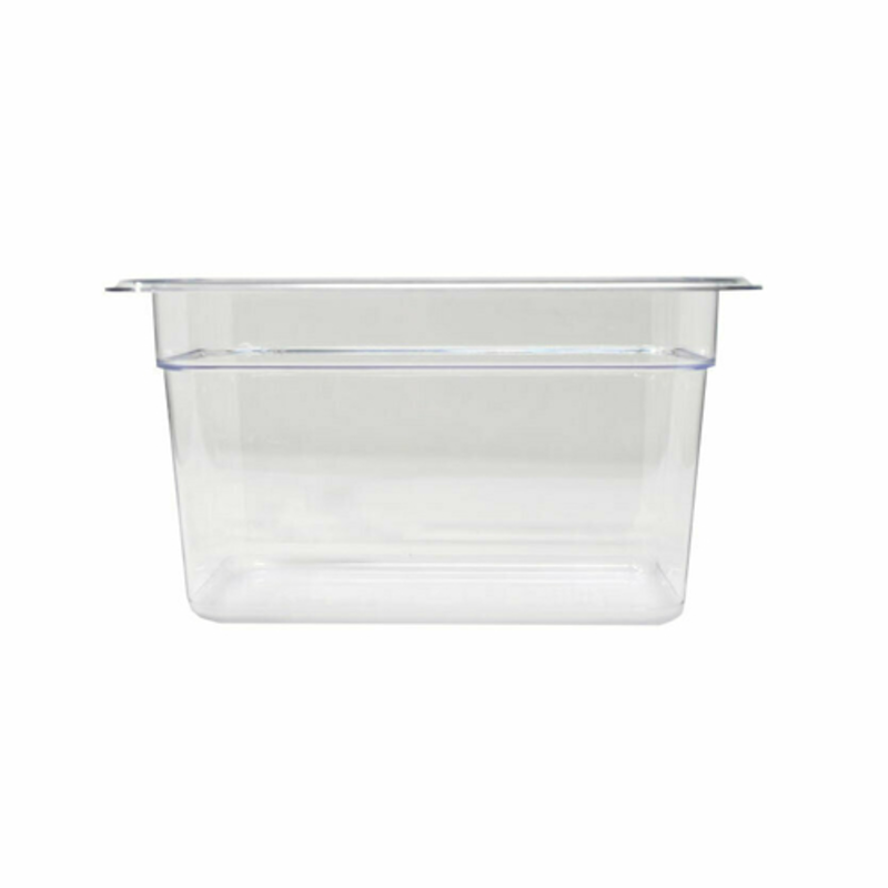 Alt Tag: Omcan 80053 Clear SAN Plastic Food Pan 1/2 Size, 6.5 Liters, Durable clear commercial food pan container