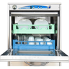 Lamber F99EKDPS Undercounter High-Temp Dishwasher Showing Clean Dishes In Green And Blue Racks, Efficient Kitchen Solution.