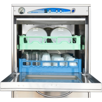 Lamber F99EKDPS Undercounter High-Temp Dishwasher Showing Clean Dishes In Green And Blue Racks, Efficient Kitchen Solution.