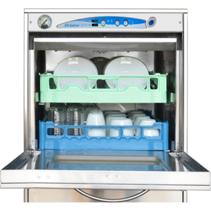 Lamber F99EKDPS Undercounter High-Temp Dishwasher Showing Clean Dishes In Green And Blue Racks, Efficient Kitchen Solution.