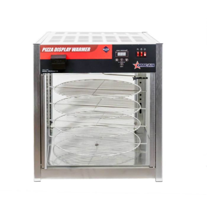 Omcan 41468 Four 18-inch Pizza Capacity Hot Food Display Warmer countertop pizza display warmer with illuminated interior and four racks