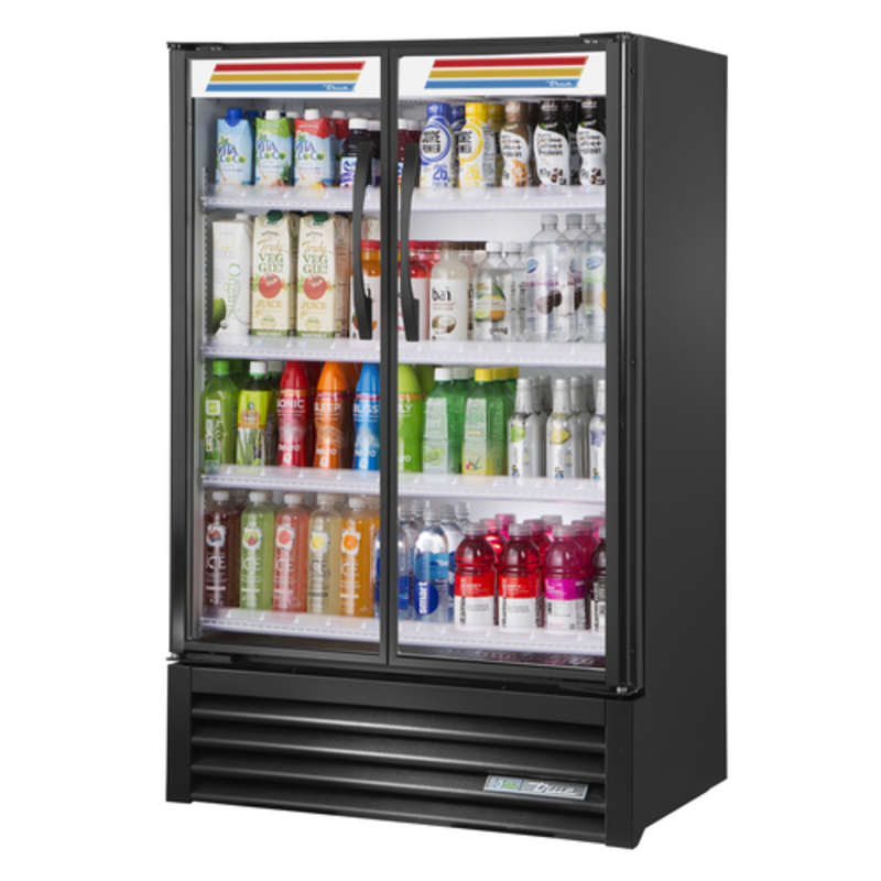 True TVM-36SL-HC~VM03 36 Inch Glass Door Merchandiser Displaying Various Beverages For Sale