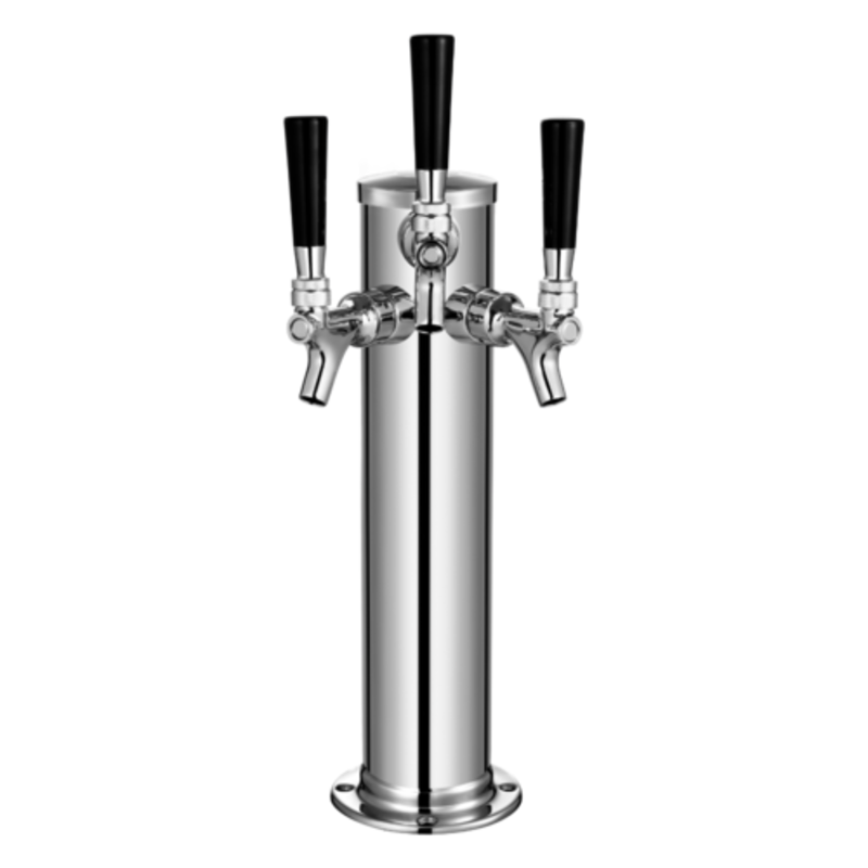 Omcan 48696 Dual Tap Draft Beer Tower In Polished Stainless Steel With Black Tap Handles.