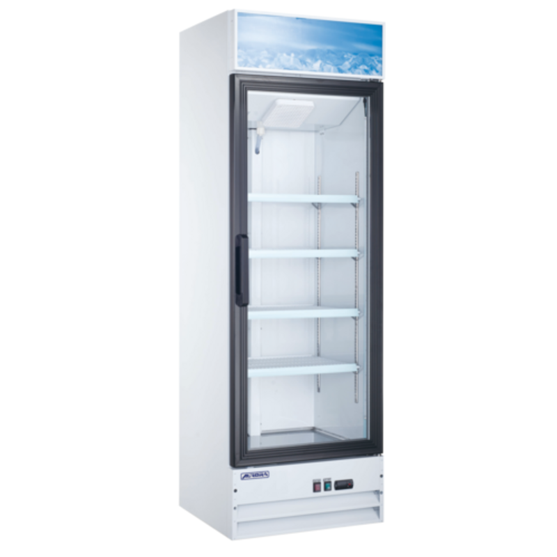 Omcan 59035 26" Wide Glass Door Display Refrigerator with Lightbox single glass door merchandiser fridge with shelves
