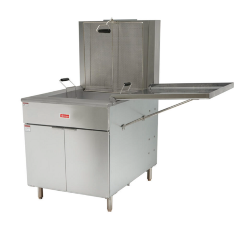 Alt Tag: OMCAN 49101 Natural Gas Funnel Cake & Donut Fryer 125 lbs. commercial floor fryer with stainless steel cabinet and drain tray