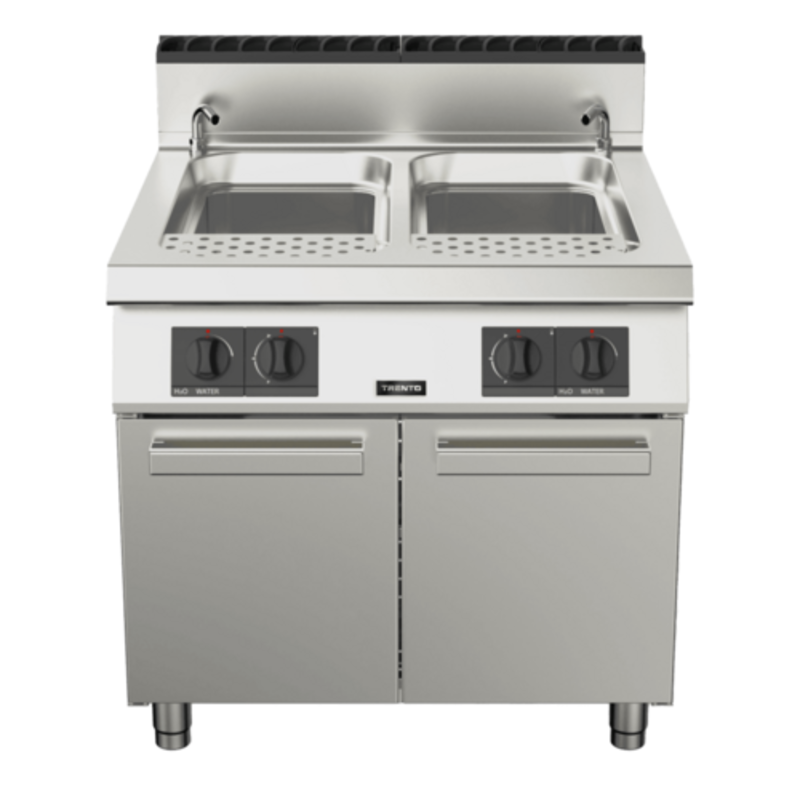 Alt Tag: Trento 49099 23.78 Gallon Countertop Natural Gas Pasta Cooker with dual stainless-steel tanks and front control knobs